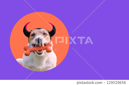 Halloween dog portrait with devil horns and toy bone against bright solid color background 129520656