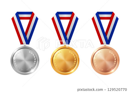 Golden, Silver, Bronze Medal Set Realistic Vector Icons with Blue, White and Red Ribbon. Winner Award, Achievement Badge, Prize Ceremony, Sport Competition Trophy, Champion Symbol Isolated on White 129520770