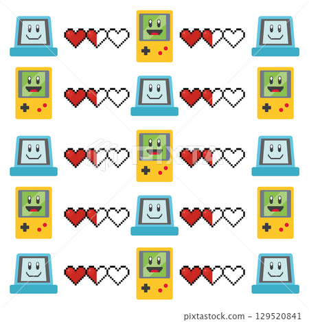 Pixel Hearts Gaming Pattern. Vector 129520841