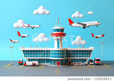 3d cartoon airport scene with colorful airplanes, fluffy clouds and control tower, playful travel illustration 129520913