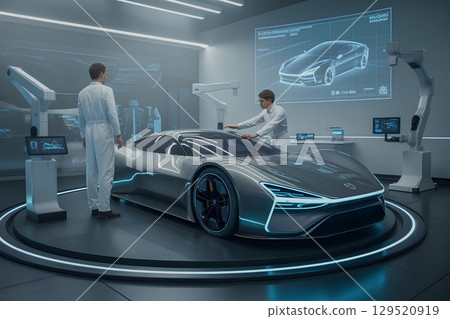 Futuristic electric sports car development with engineers reviewing holographic design Futuristic electric sports car development with engineers reviewing holographic design 129520919