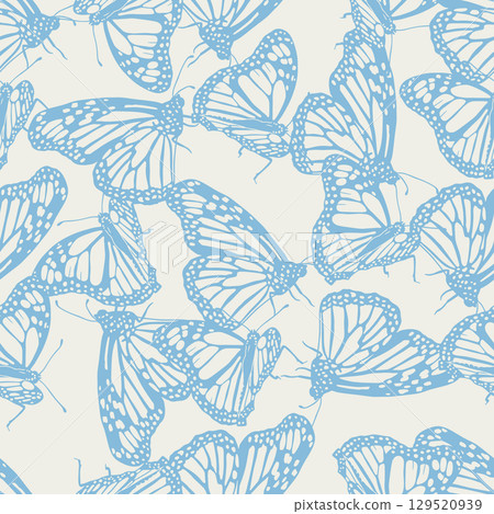 Vintage seamless pattern with hand drawn monochrome blue monarch butterflies on beige background 129520939