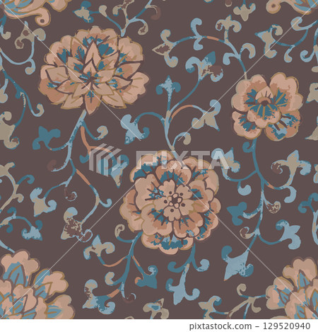 Watercolor style chinoiserie seamless pattern with brown flowers Watercolor style chinoiserie seamless pattern with brown flowers 129520940