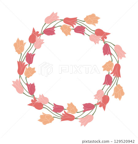 Pink and yellow hand drawn line art tulips flowers wreath isolated on white Pink and yellow hand drawn line art tulips flowers wreath isolated on white 129520942