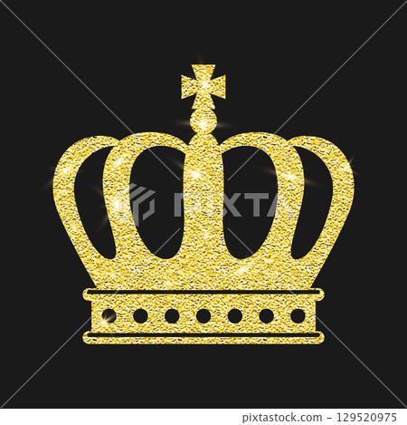 Vector Yellow Golden Glitter Crown Icon on Black Background. Queen Crown. King Glowing Crown, Royal Luxury Logo Design Element. Gold Sparkle Crown Clipart for Invitation, Greeting Card Vector Yellow Golden Glitter Crown Icon on Black Background. Queen Crown. King Glowing Crown, Royal Luxury Logo Design Element. Gold Sparkle Crown Clipart for Invitation, Greeting Card 129520975