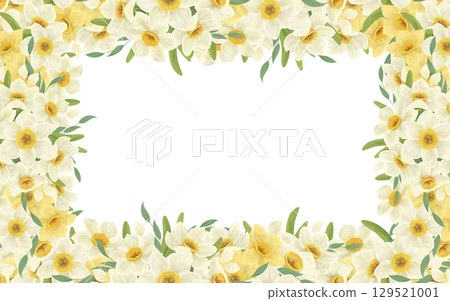A floral banner frame made from a bouquet of white daffodils, leaves, composition, handmade digital illustration on a white background. An element for the design A floral banner frame made from a bouquet of white daffodils, leaves, composition, handmade digital illustration on a white background. An element for the design 129521001