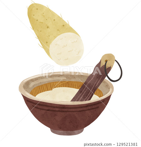 Mortar and pestle with grated yam - watercolor hand-drawn illustration 129521381