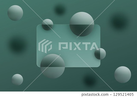 Modern abstract background with a transparent frame and 3D spheres in mint shades. 129521405