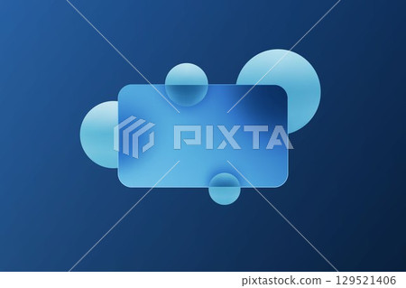 Minimalistic blue background with a transparent glass frame and volumetric spheres. 129521406