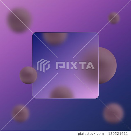 Abstract gradient background in purple shades with a transparent frame and 3D spheres. Abstract gradient background in purple shades with a transparent frame and 3D spheres. 129521411