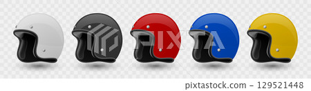 Vector 3d Motorcycle Helmet Set - White, Black, Red, Blue, Yellow Colors. Open Face Helmet Vector Illustration. Protective Gear for Bikers, Motorcyclists. Safety Helmet Design, Motorcycle Helmet Icon 129521448
