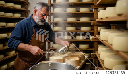 In a rustic cheese workshop, a traditional cheesemaker carefully ladles warm curds into wooden molds to create Adyghe cheese. The atmosphere is rich with the scent of dairy. 129521489