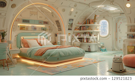 A stylish children's room space with a futuristic modern design that combines comfort and functionality 129521823