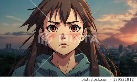 The beauty of anger bursts forth. An anime-style digital portrait of emotion. 129521918