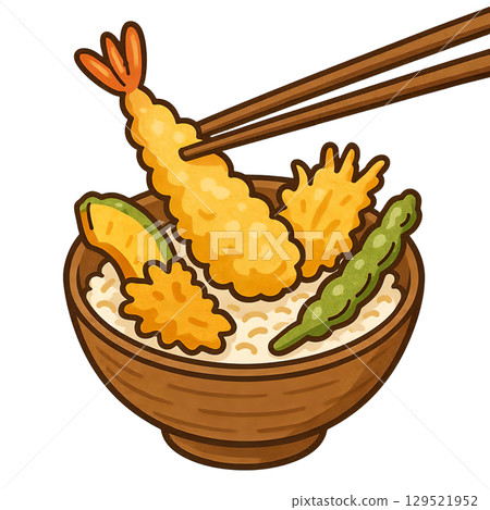 Cutout illustration of a tempura bowl being held up with chopsticks 129521952