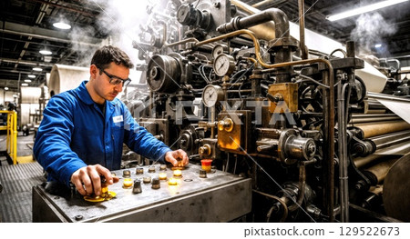 A skilled worker is focused on controlling industrial machinery in a factory. Steam rises from the equipment as buttons and dials are adjusted, showcasing a high-tech manufacturing process. A skilled worker is focused on controlling industrial machinery in a factory. Steam rises from the equipment as buttons and dials are adjusted, showcasing a high-tech manufacturing process. 129522673