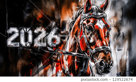 A striking depiction of a brown horse with expressive features, set against a bold, colorful background. The year 2026 is creatively integrated into the artwork, enhancing its visual impact. A striking depiction of a brown horse with expressive features, set against a bold, colorful background. The year 2026 is creatively integrated into the artwork, enhancing its visual impact. 129522674