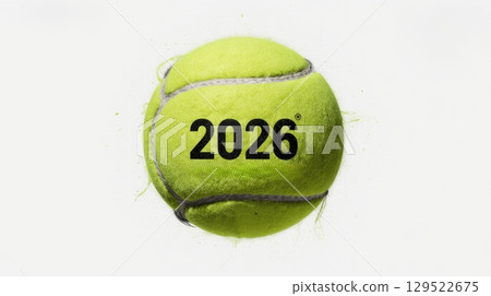 A bright yellow tennis ball displays the number 2026 prominently in black. The ball is well-worn, showing signs of use, with a clean white background enhancing its vivid color. 129522675