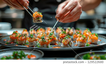 A talented sushi chef is assembling vibrant sushi rolls with precision in a bustling kitchen. Fresh ingredients are carefully arranged for presentation, showcasing culinary artistry. 129522680