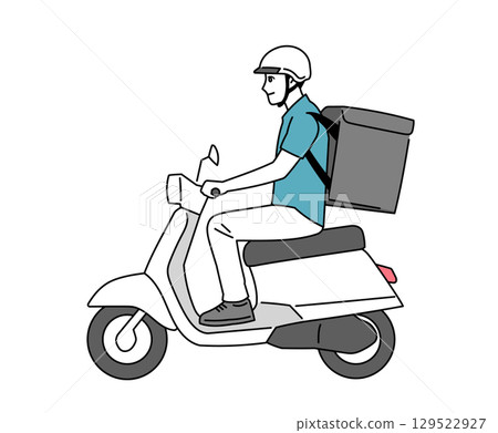 Illustration of a male food delivery man riding a moped 129522927