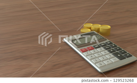 The Calculator and gold coins for earn or Business concept 3d Rendering. The Calculator and gold coins for earn or Business concept 3d Rendering. 129523268