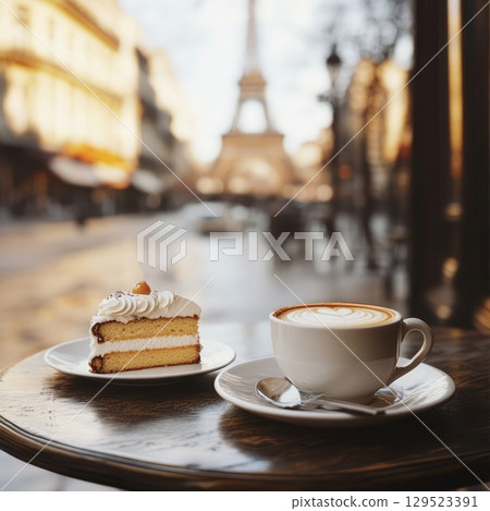 A delightful piece of cake and a cup of coffee are beautifully arranged on a table, offering a stunning view of the Eiffel Tower and the Parisian streets. A delightful piece of cake and a cup of coffee are beautifully arranged on a table, offering a stunning view of the Eiffel Tower and the Parisian streets. 129523391