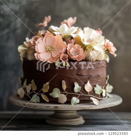 This exquisite cake features a rich chocolate frosting, beautifully decorated with delicate green and pink flowers, making it ideal for special occasions like weddings or birthdays. 129523393