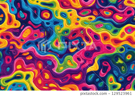 Colorful shapes swirl like snakes. Wavy lines create a psychedelic pattern. 129523961