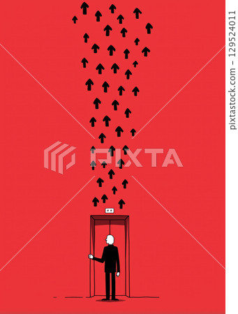 Man stands in elevator. Many arrows go up. 129524011