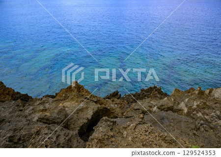 沖繩縣的邊戶岬高原、岩石、草地、大海和珊瑚 沖繩縣的邊戶岬高原、岩石、草地、大海和珊瑚 129524353