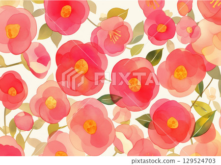 Watercolor camellia background pattern floral winter flower New Year's card Japanese style 129524703
