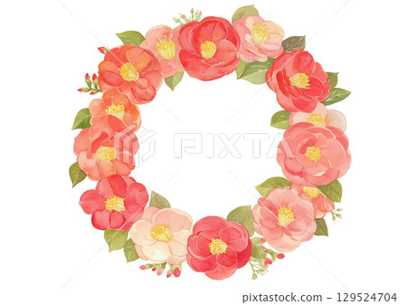 水彩山茶花環框架新年賀卡/日式花卉裝飾背景透明 129524704