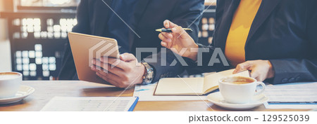 Banner close up hands group of Business People meeting in conference room. Panorama business team brainstorming partner teamwork. Close up hand Team meeting partnership trust teamwork with copy space 129525039
