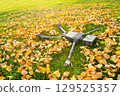 Happy humanoid robot lies on the grass in fallen leaves. Concept of technology development in the form of artificial intelligence - robot lives and experiences feelings in the rays of the autumn sun. 129525357