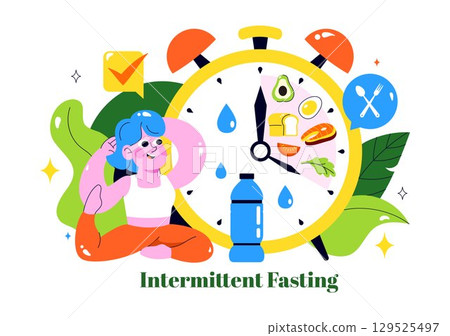 Intermittent Fasting Vector Illustration featuring a Clock Face Symbolizing the Principle of Eating Time and Exercise in a Dieting Flat Background Intermittent Fasting Vector Illustration featuring a Clock Face Symbolizing the Principle of Eating Time and Exercise in a Dieting Flat Background 129525497