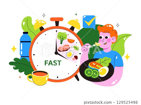 Intermittent Fasting Vector Illustration featuring a Clock Face Symbolizing the Principle of Eating Time and Exercise in a Dieting Flat Background 129525498