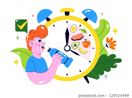Intermittent Fasting Vector Illustration featuring a Clock Face Symbolizing the Principle of Eating Time and Exercise in a Dieting Flat Background Intermittent Fasting Vector Illustration featuring a Clock Face Symbolizing the Principle of Eating Time and Exercise in a Dieting Flat Background 129525499