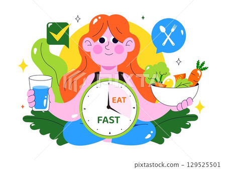 Intermittent Fasting Vector Illustration featuring a Clock Face Symbolizing the Principle of Eating Time and Exercise in a Dieting Flat Background Intermittent Fasting Vector Illustration featuring a Clock Face Symbolizing the Principle of Eating Time and Exercise in a Dieting Flat Background 129525501