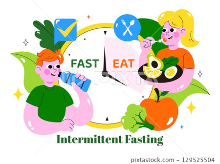 Intermittent Fasting Vector Illustration featuring a Clock Face Symbolizing the Principle of Eating Time and Exercise in a Dieting Flat Background 129525504