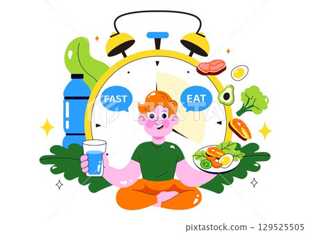 Intermittent Fasting Vector Illustration featuring a Clock Face Symbolizing the Principle of Eating Time and Exercise in a Dieting Flat Background 129525505