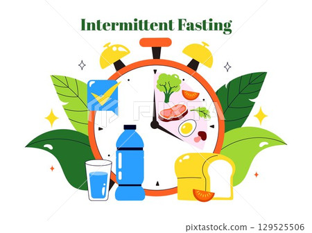 Intermittent Fasting Vector Illustration featuring a Clock Face Symbolizing the Principle of Eating Time and Exercise in a Dieting Flat Background 129525506
