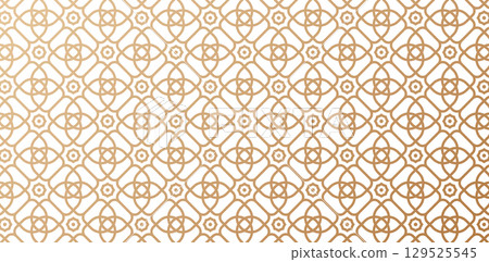 Seamless geometric rounded shape pattern based on traditional islamic art golden color lines isolated white backgrounds for fabric, textile, cover, wrapping paper, Simple lattice graphic designs 129525545