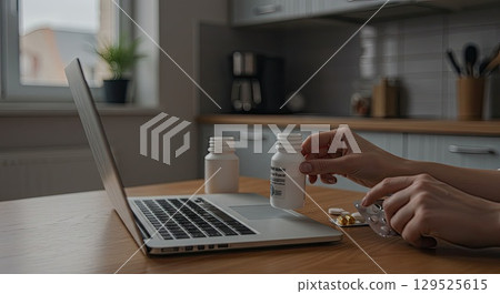 Person checks medicine online, managing health and online treatment at home 129525615