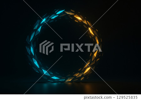 Abstract ring background made up of aqua blue and gold light shards 129525835