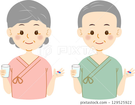 穿著病號服吃藥的老年男女 129525922