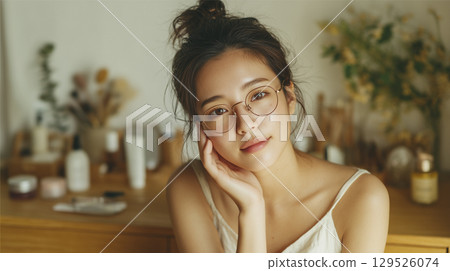 A woman wearing glasses relaxing in her room 129526074