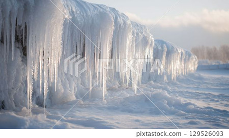 雪地上的一排冰柱 129526093