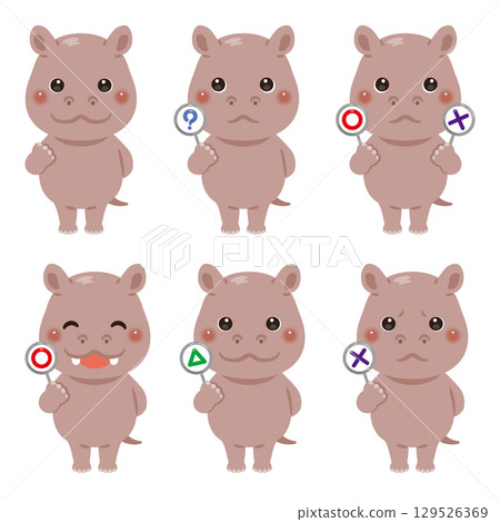 河馬人物插畫集手持圓圈、圓形、三角形或三角形標誌 129526369