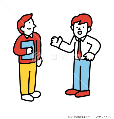 Illustration of two men having a conversation: colleague, teacher and student Illustration of two men having a conversation: colleague, teacher and student 129526399