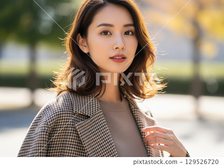 沐浴在秋葉間灑下的陽光下。身穿格紋外套的日本女性，展現優雅的秋季裝扮。 129526720